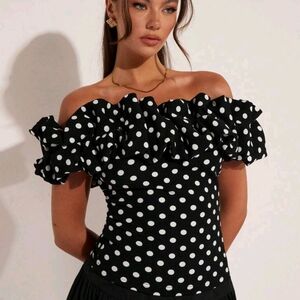 SHEIN Black and White Polka Dot Ruffle Top